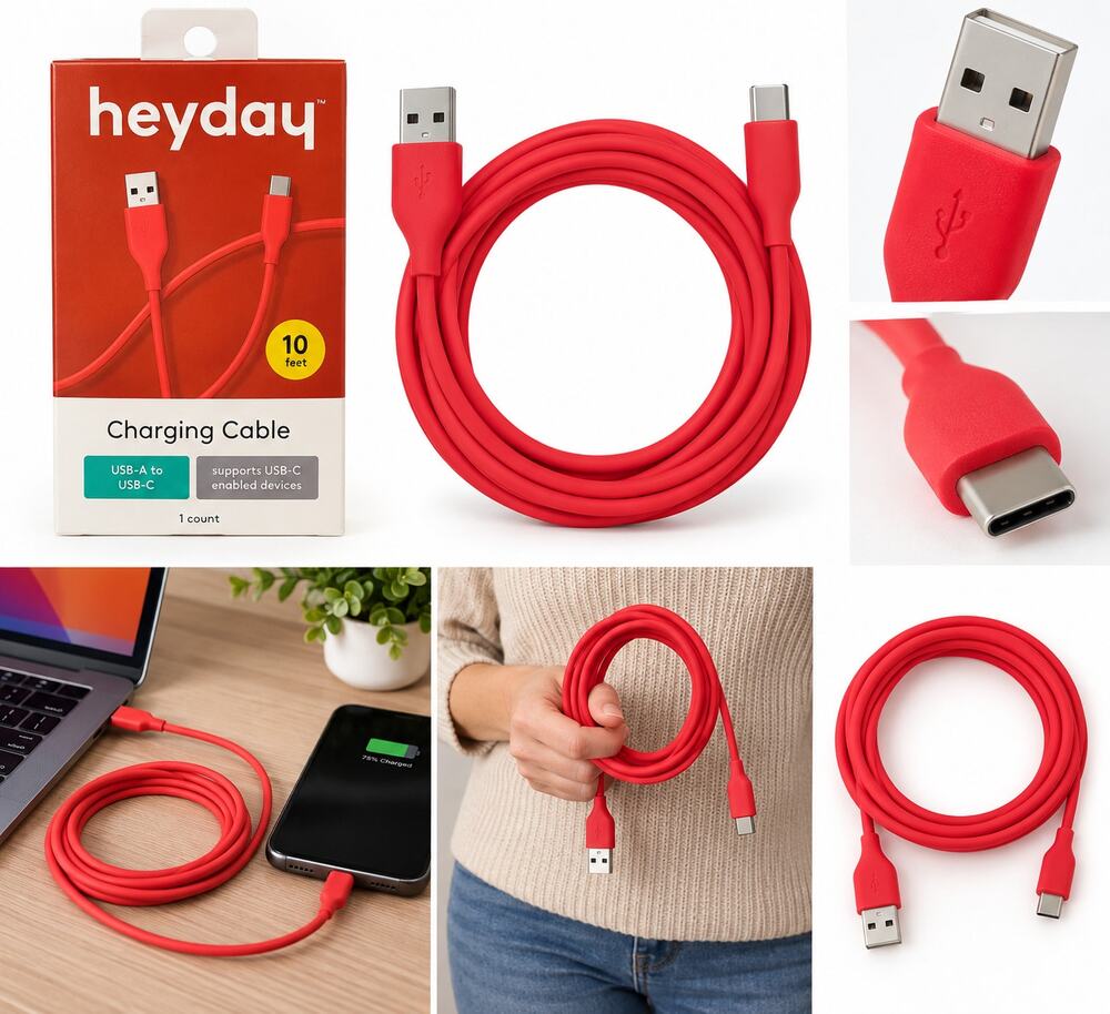 Heyday 10-Foot USB-A to USB-C Charging Cable – Red